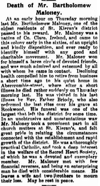 Death of Mr. Bartholomew , Maloney. (1899, December 23). The Catholic Press (Sydney, NSW : 1895 - 1942), p. 16. Retrieved March 20, 2014, from http://nla.gov.au/nla.news-article104667269