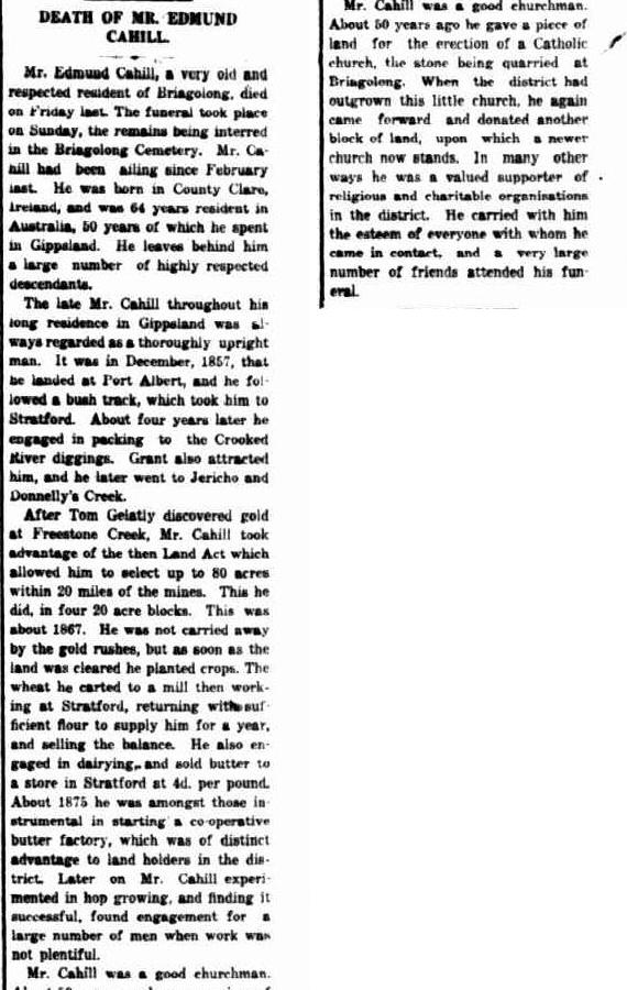 DEATH OF MR. EDMUND CAHILL. (1921, June 30). Gippsland Times (Vic. : 1861 - 1954), p. 7. Retrieved March 11, 2015, from http://nla.gov.au/nla.news-article62593373